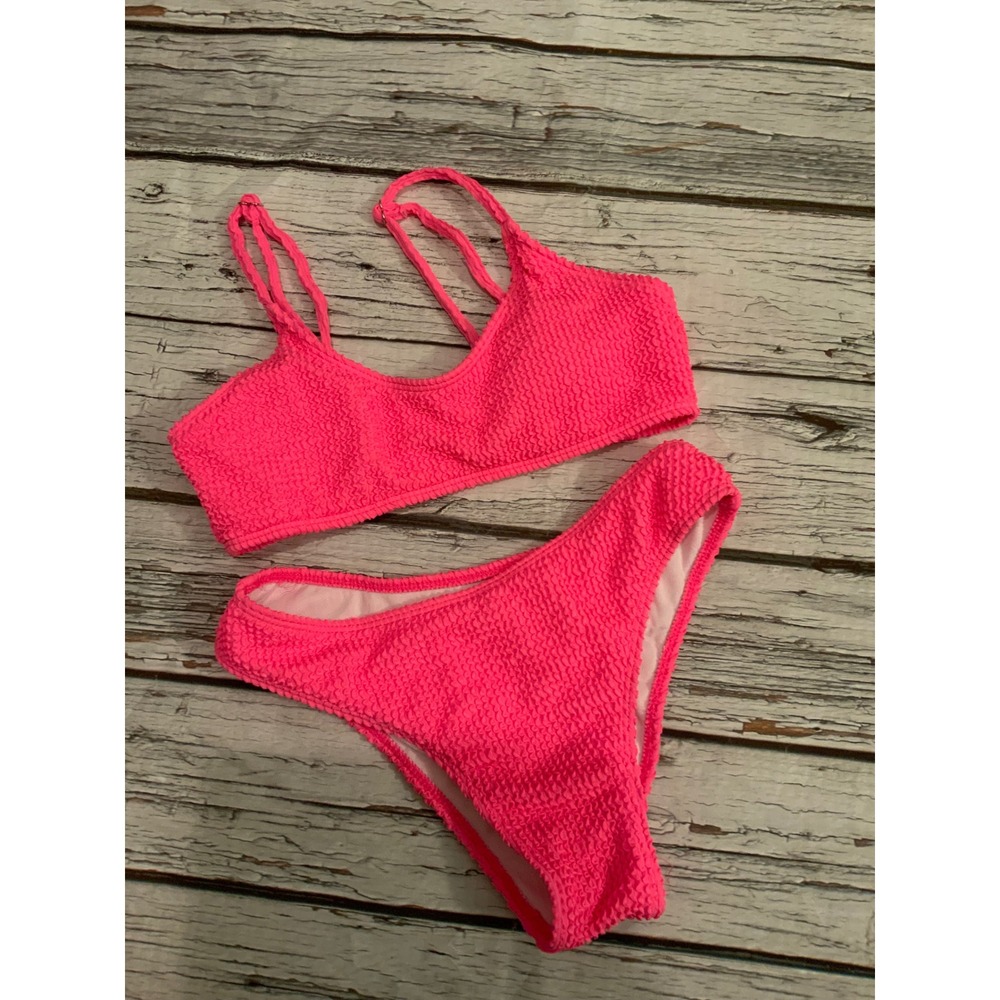 Neon Pink Smocked Popcorn Texture Bikini Set High Cut Scoop Neck Swimsuit XS